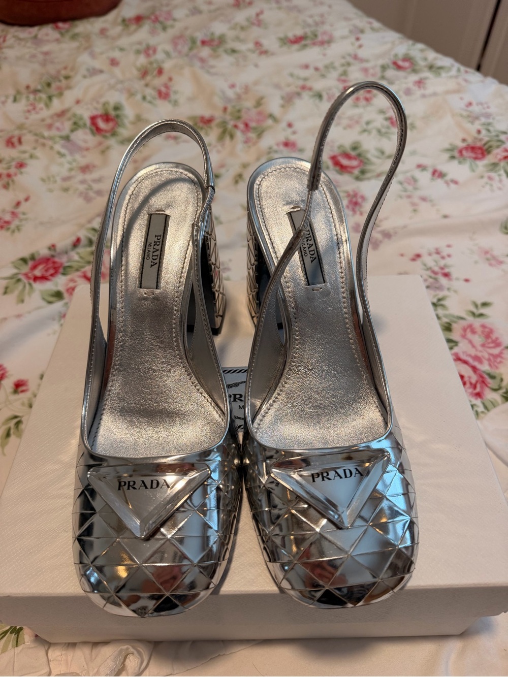 Prada Metallic Silver Quilted Slingback Pump Heels